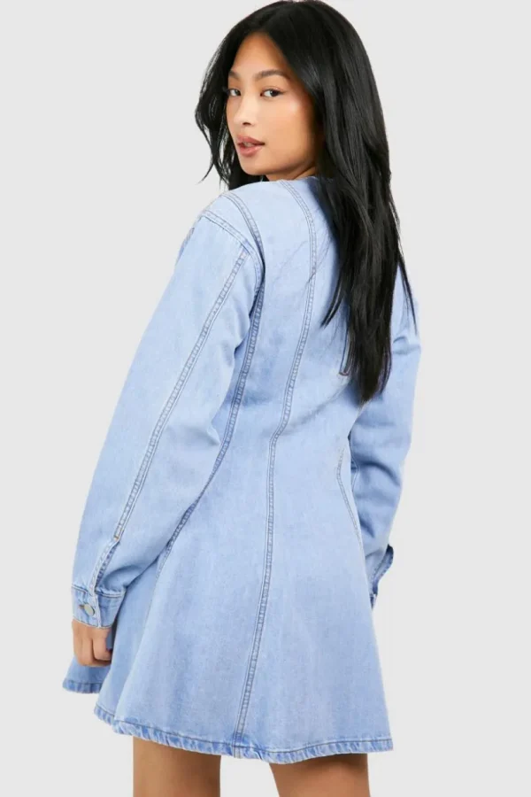 boohoo Petite Seam Detail Denim Skater Dress | Women Shirts | Foundation