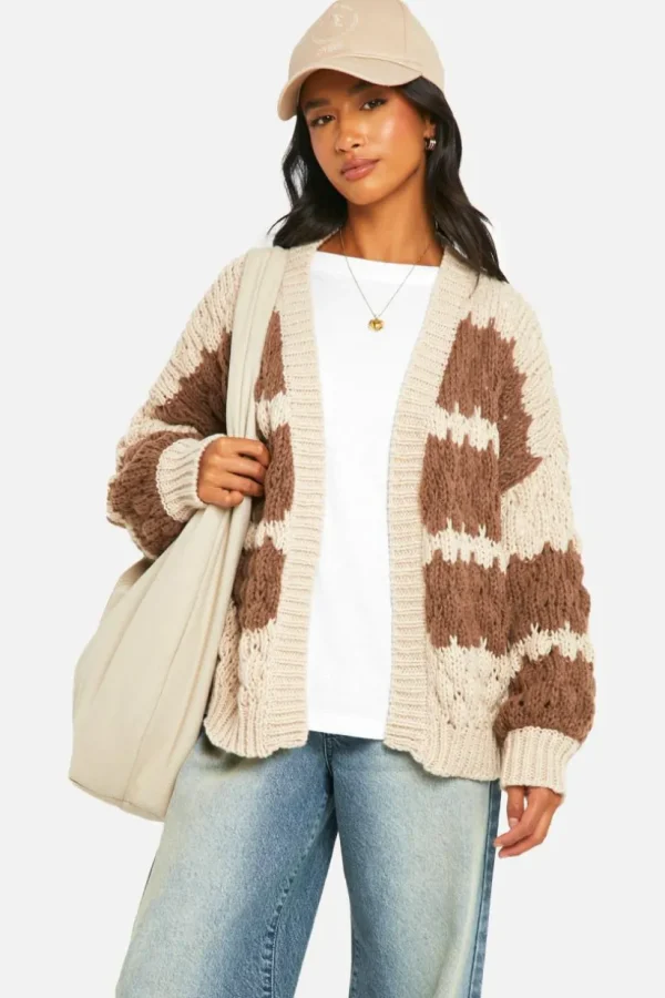 boohoo Petite Stripe Bubble Knit Chunky Cardigan | Women Shirts | Foundation