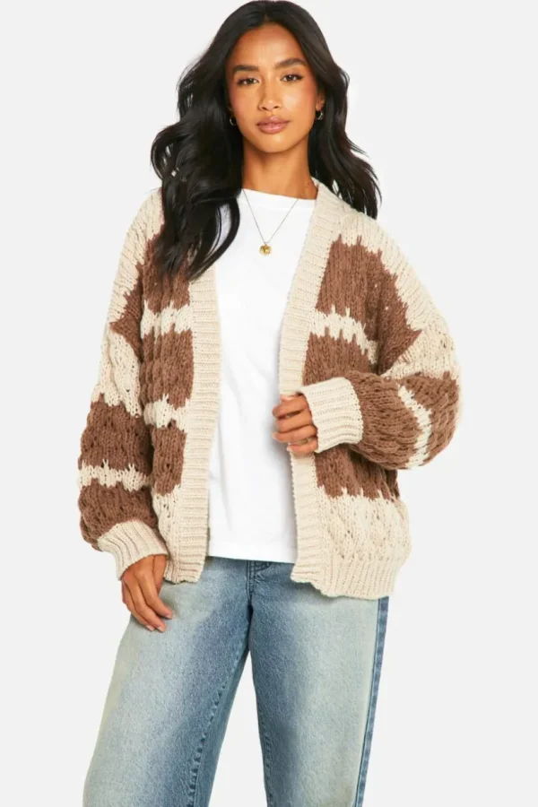 boohoo Petite Stripe Bubble Knit Chunky Cardigan | Women Shirts | Foundation