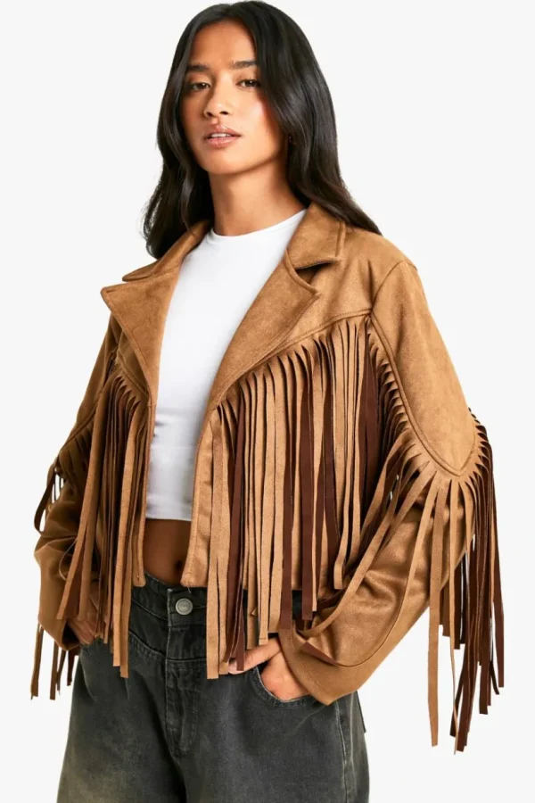 boohoo Petite Suede Look Fringe Jacket | Women Shirts | Foundation