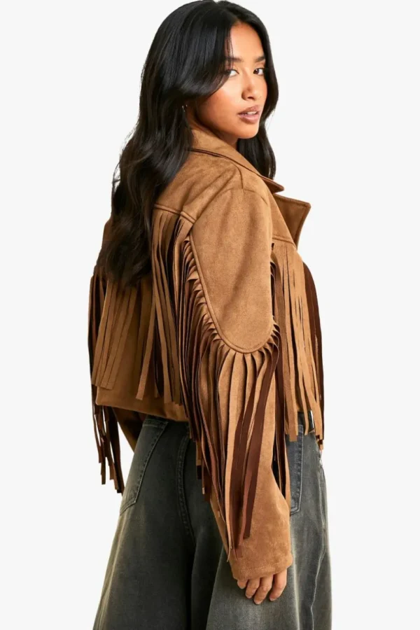 boohoo Petite Suede Look Fringe Jacket | Women Shirts | Foundation