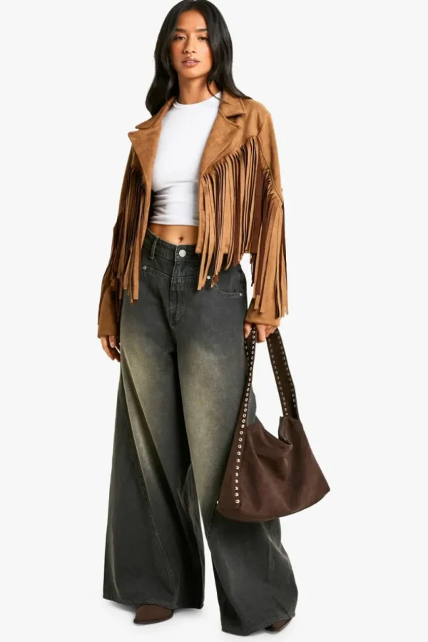 boohoo Petite Suede Look Fringe Jacket | Women Shirts | Foundation