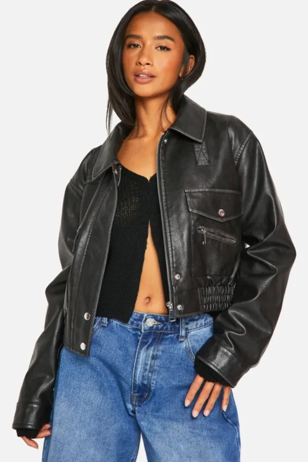 boohoo Petite Vintage Look Faux Leather Bomber Jacket | Women Shirts | Foundation