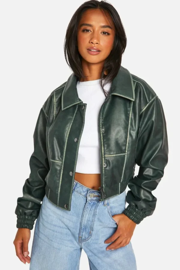 boohoo Petite Vintage Look Faux Leather Jacket | Women Shirts | Foundation