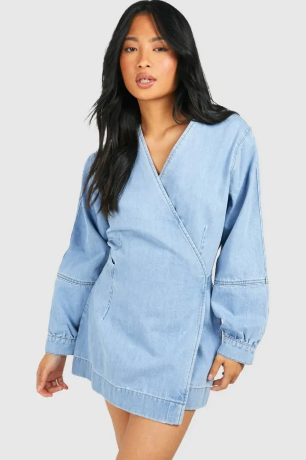 boohoo Petite Volume Sleeve Denim Wrap Dress | Women Shirts | Foundation