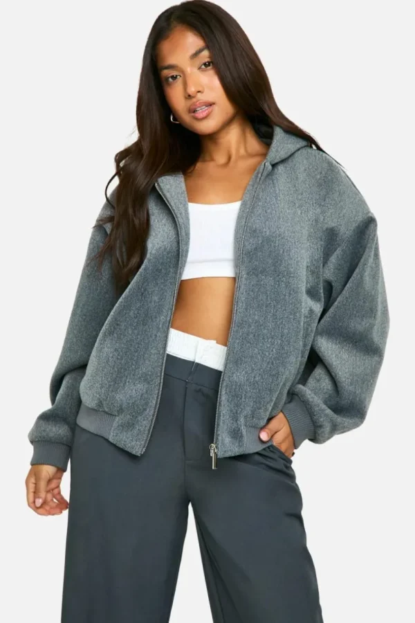 boohoo Petite Wool Look Hooded Bomber Jacket | Women Shirts | Foundation