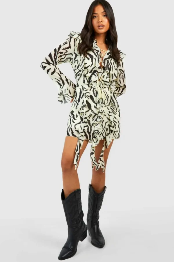 boohoo Petite Zebra Ruffle Boho Mini Dress | Women Shirts | Foundation