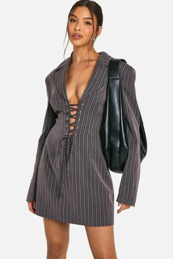 boohoo Pinstripe Lace Up Blazer Dress | Women Shirts | Foundation