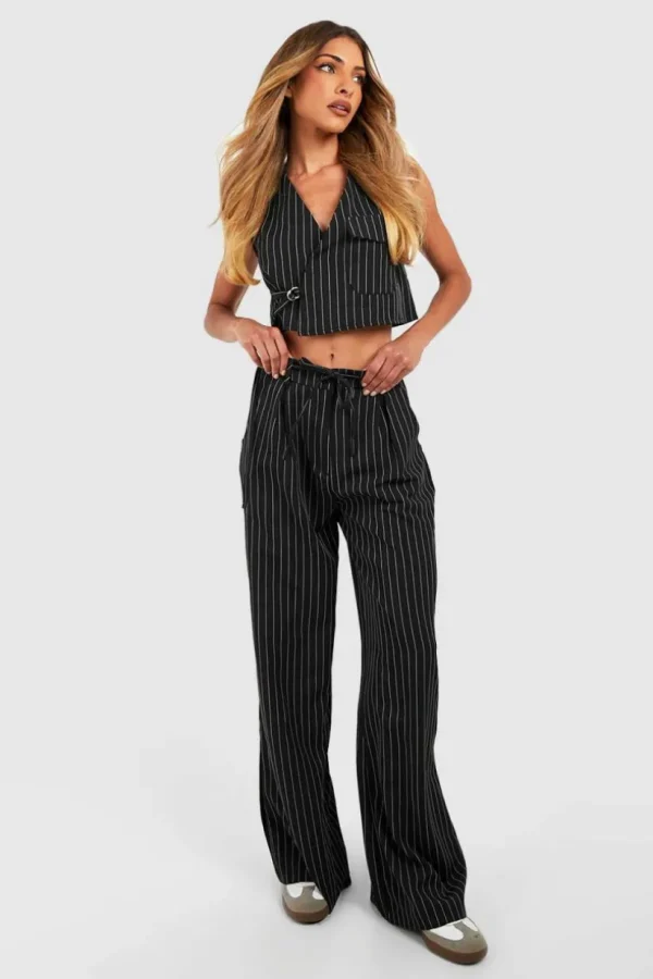 boohoo Pinstripe Tie Waist Tailored Wide Leg Trousers | Women Shirts | Foundation