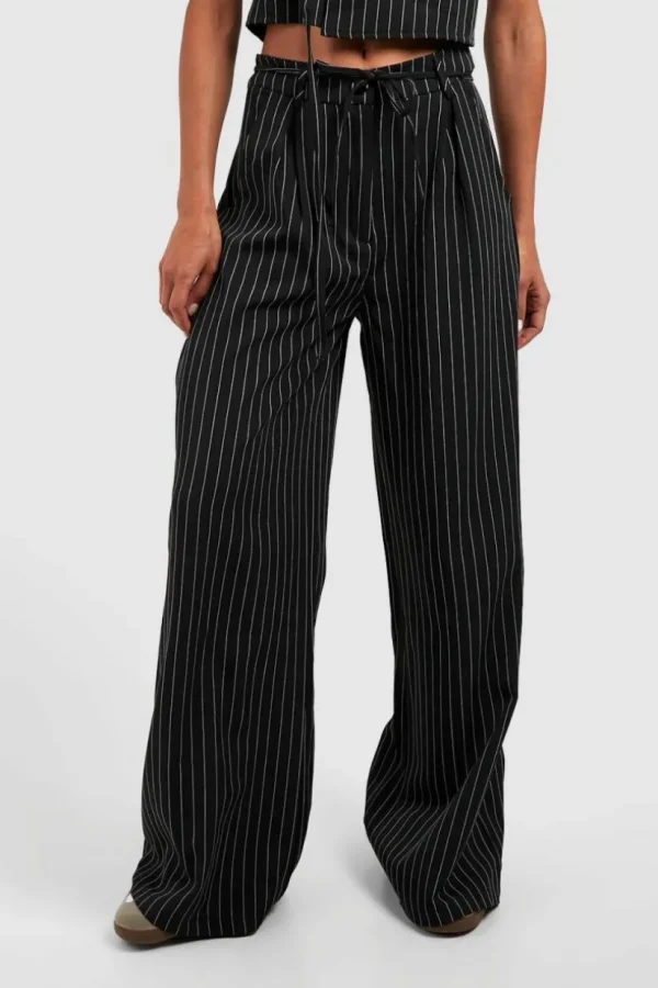 boohoo Pinstripe Tie Waist Tailored Wide Leg Trousers | Women Shirts | Foundation