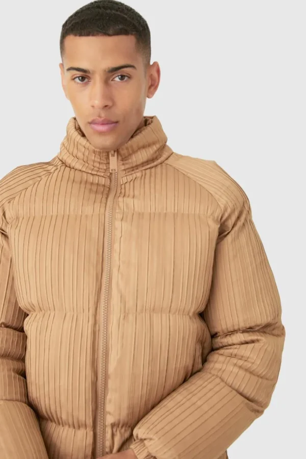 boohooMAN Pleated Funnel Neck Puffer Coat In | Man | Coats & Jackets