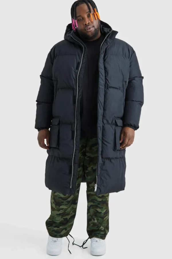 boohooMAN Plus 4 Pocket Longline Hooded Puffer Jacket in | Man | Coats & Jackets