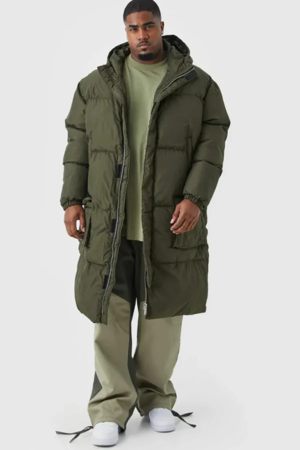 boohooMAN Plus 4 Pocket Longline Hooded Puffer Jacket in | Man | Coats & Jackets