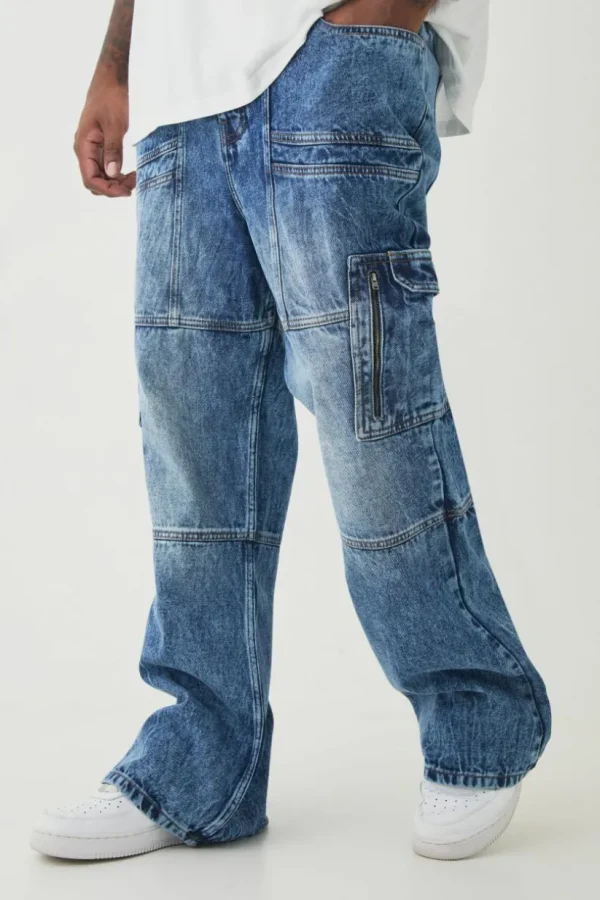 boohooMAN Plus Acid Wash Panel Cargo Flared Jeans | Denim | Going Out Denim