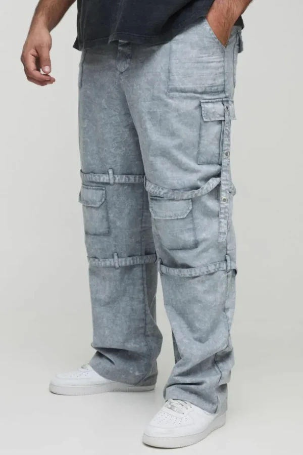 boohooMAN Plus Acid Wash Strappy Relaxed Fit Cargo Trousers | Trousers | Cargo Trousers