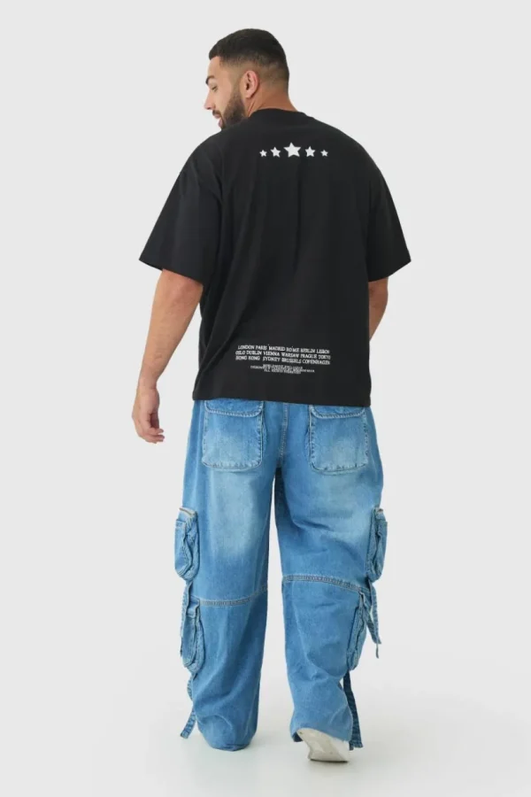 boohooMAN Plus Baggy Rigid Multi Pocket Strap Detail Cargo Jeans | Trousers | Cargo Trousers