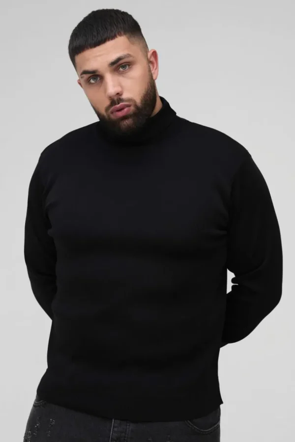 boohooMAN Plus Basic Regular Fit Roll Neck Jumper in | Knitwear | Going Out Knitwear