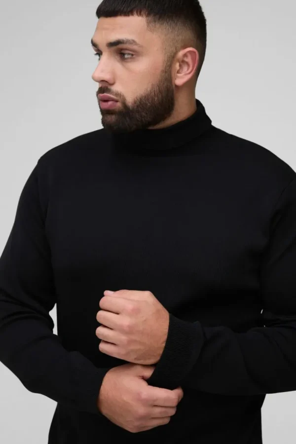 boohooMAN Plus Basic Regular Fit Roll Neck Jumper in | Knitwear | Going Out Knitwear