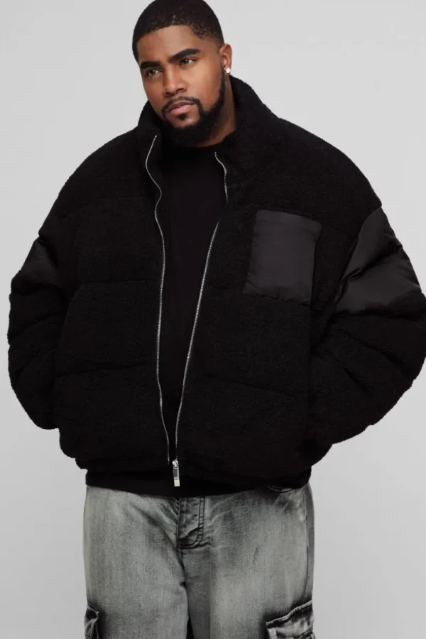 boohooMAN Plus Borg & Nylon Funnel Neck Puffer Jacket In | Man | Coats & Jackets