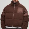 boohooMAN Plus Borg & Nylon Funnel Neck Puffer Jacket In | Coats & Jackets