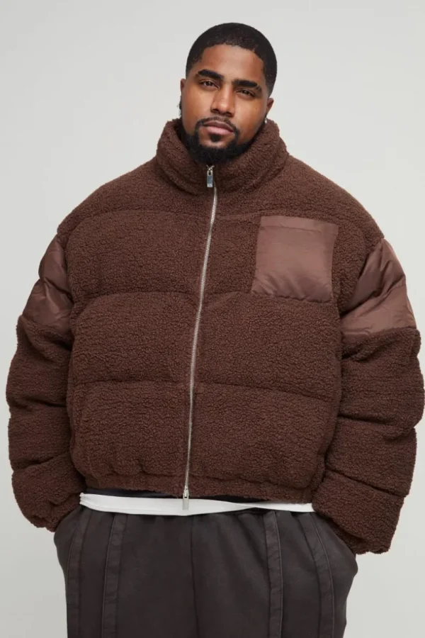 boohooMAN Plus Borg & Nylon Funnel Neck Puffer Jacket In | Coats & Jackets