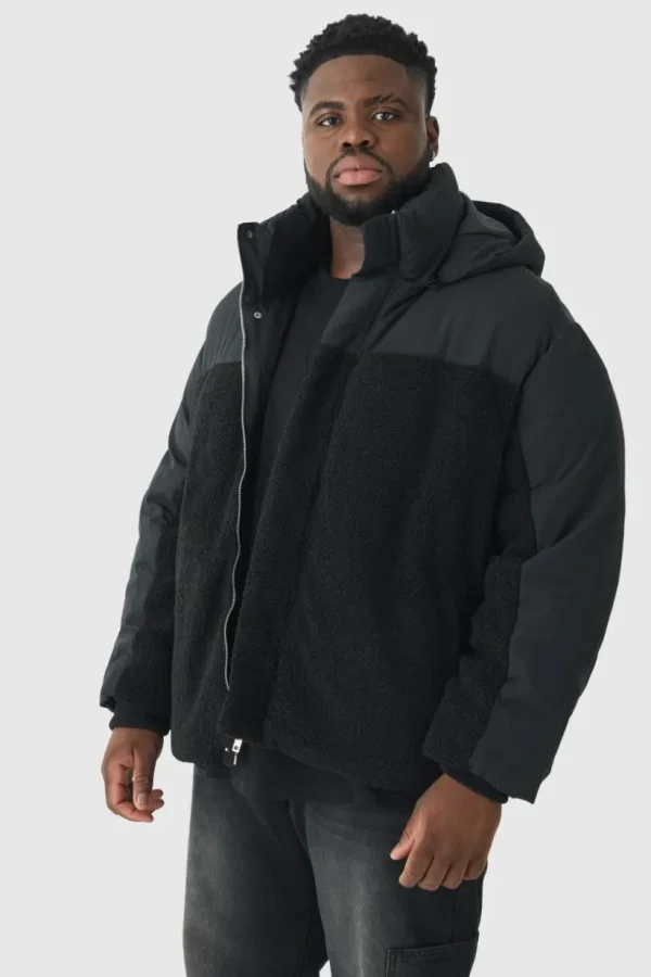 boohooMAN Plus Borg And Nylon Padded Coat In | Man | Coats & Jackets