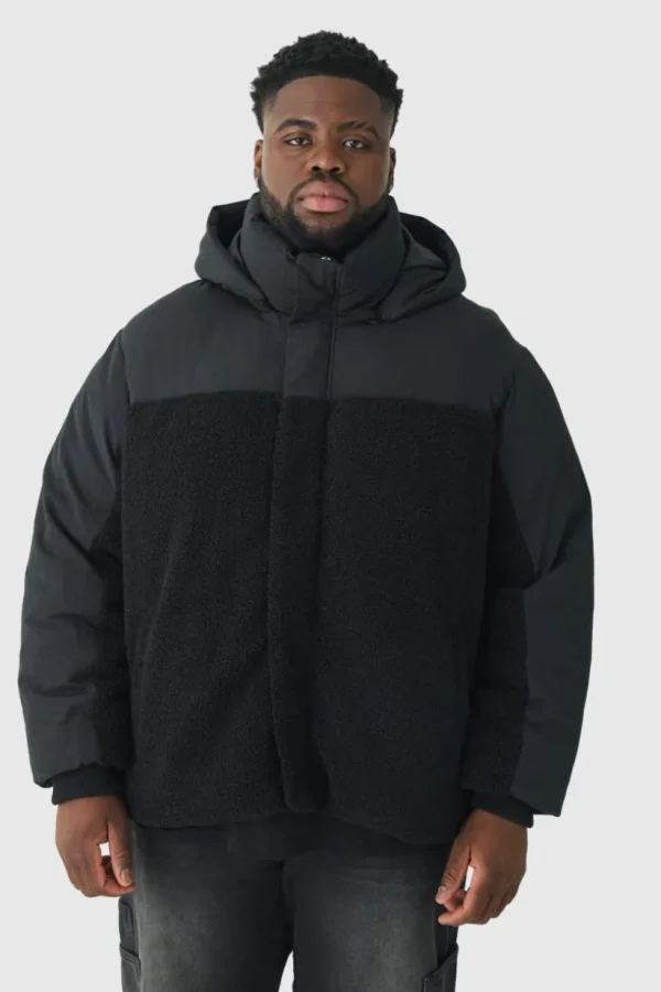 boohooMAN Plus Borg And Nylon Padded Coat In | Man | Coats & Jackets