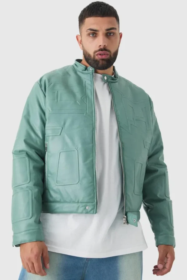 boohooMAN Plus Boxy BHM PU Collarless Moto Biker Jacket In | Man | Coats & Jackets