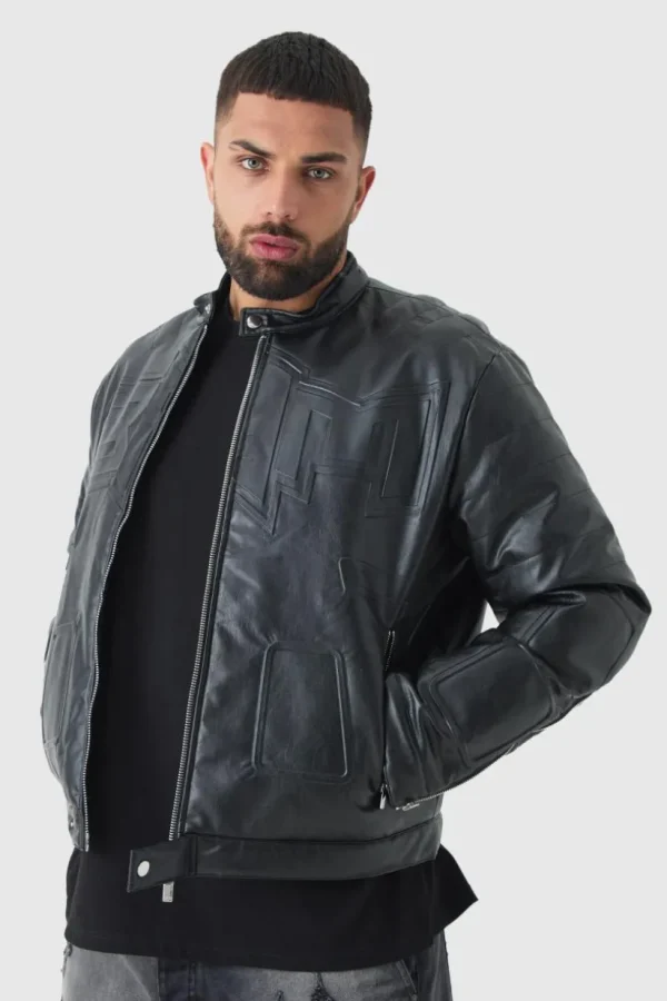 boohooMAN Plus Boxy BHM PU Collarless Moto Biker Jacket In | Man | Coats & Jackets