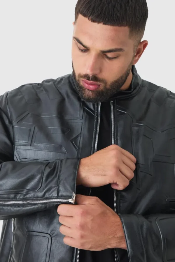 boohooMAN Plus Boxy BHM PU Collarless Moto Biker Jacket In | Man | Coats & Jackets