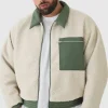 boohooMAN Plus Boxy Borg And Nylon Collared Bomber Jacket In | Man | Coats & Jackets