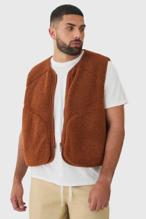 boohooMAN Plus Boxy Borg Pocket Detail Gilet In | Coats & Jackets