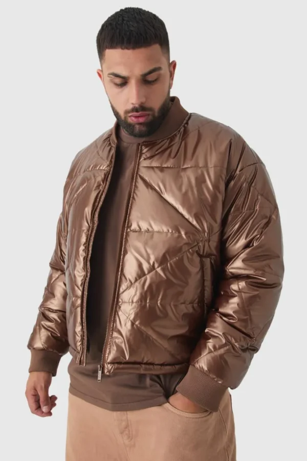 boohooMAN Plus Boxy Metallic Abstract Quilted Bomber Jacket In | Man | Coats & Jackets