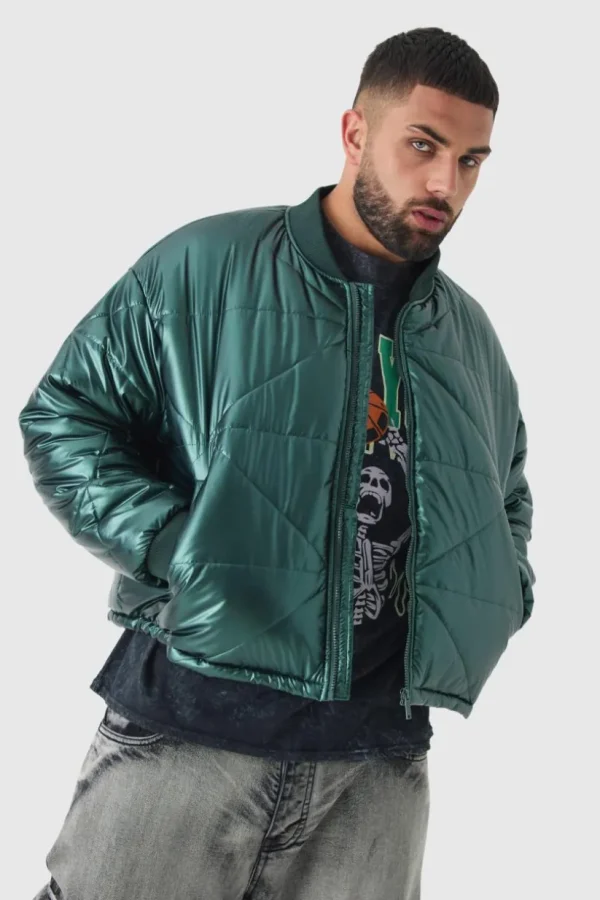 boohooMAN Plus Boxy Metallic Abstract Quilted Bomber Jacket In | Coats & Jackets