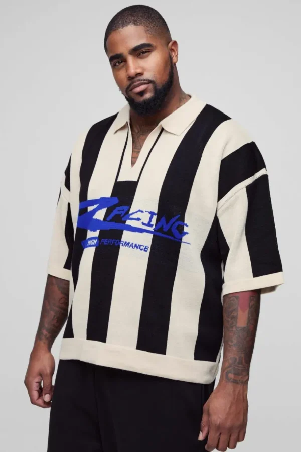 boohooMAN Plus Boxy Moto Stripe Knitted Polo | Going Out Polo Shirts