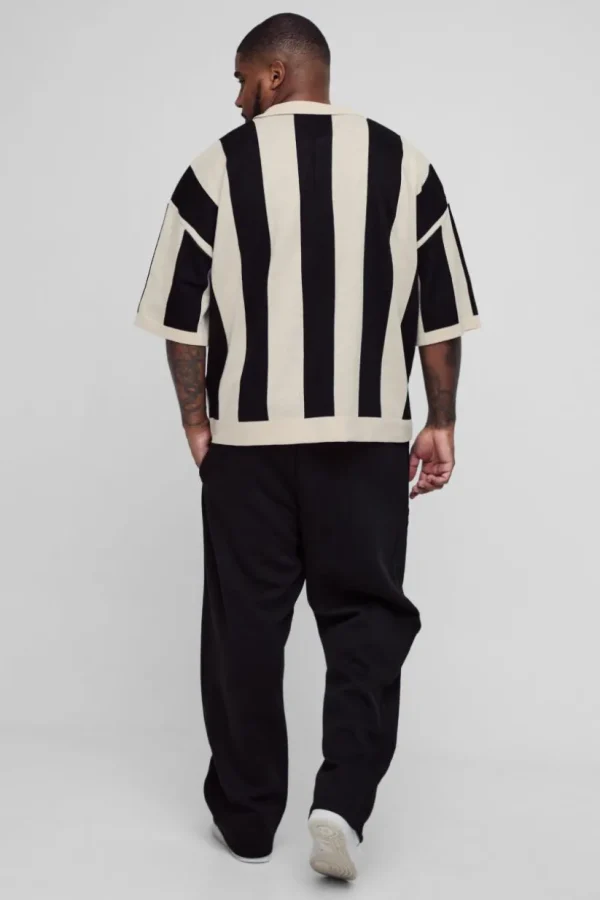 boohooMAN Plus Boxy Moto Stripe Knitted Polo | Going Out Polo Shirts