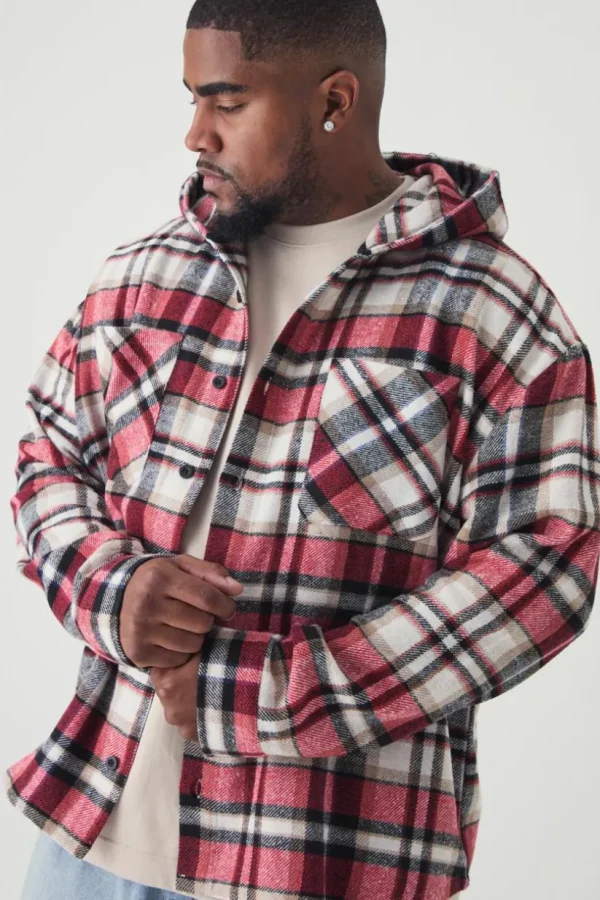 boohooMAN Plus Brushed Hooded Checked Overshirt | Shirts | Going Out Shirts