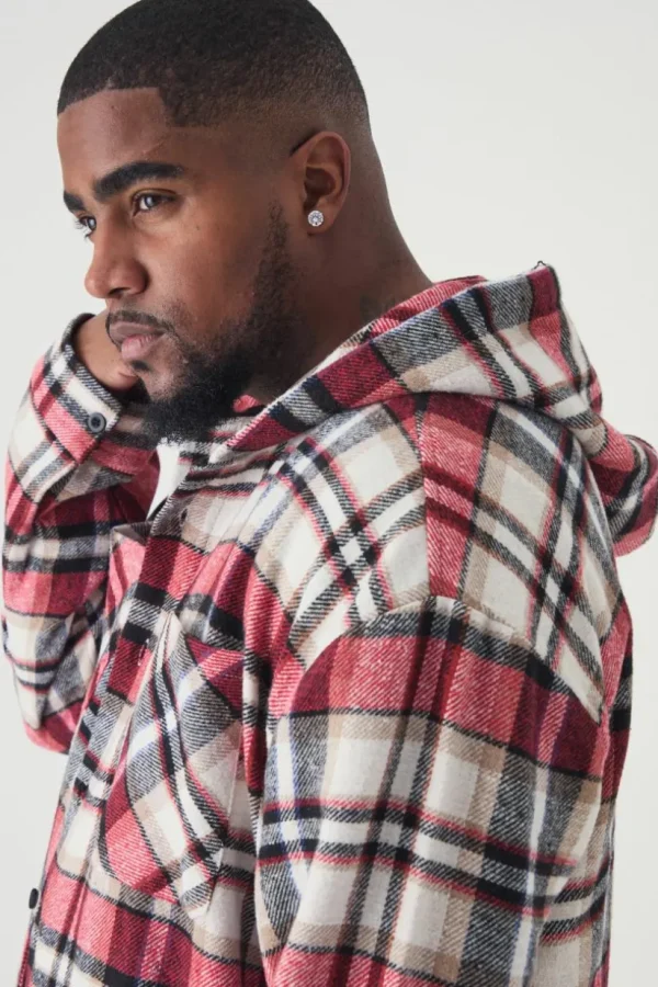 boohooMAN Plus Brushed Hooded Checked Overshirt | Shirts | Going Out Shirts