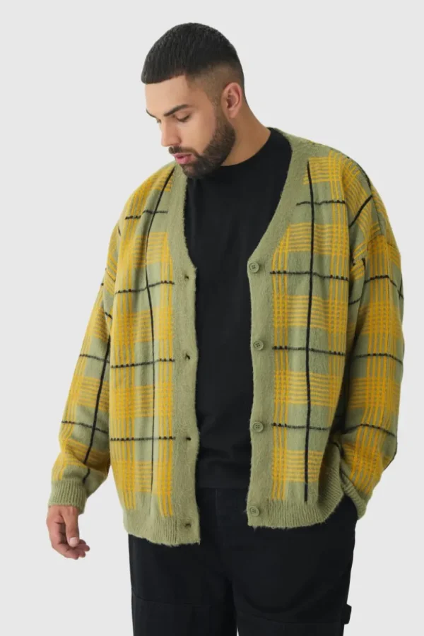 boohooMAN Plus Brushed Knit Check Drop Shoulder Cardigan | Knitwear | Going Out Knitwear