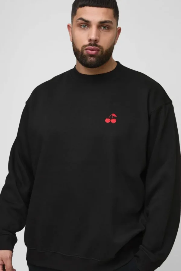 boohooMAN Plus Cherry Extended Neck Embroidered Sweat | Hoodies & Sweats