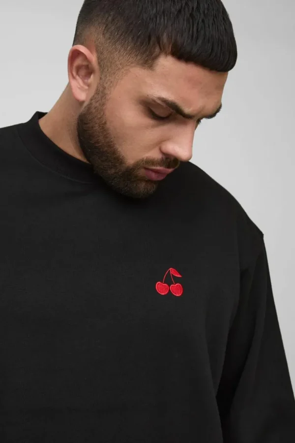 boohooMAN Plus Cherry Extended Neck Embroidered Sweat | Hoodies & Sweats