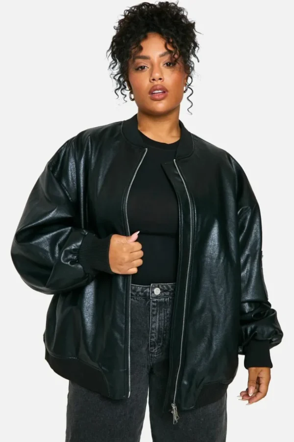 boohoo Plus Cracked Faux Leather Oversized Bomber Jacket | Women Shirts | Foundation