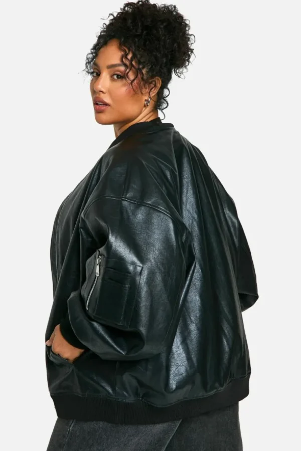 boohoo Plus Cracked Faux Leather Oversized Bomber Jacket | Women Shirts | Foundation