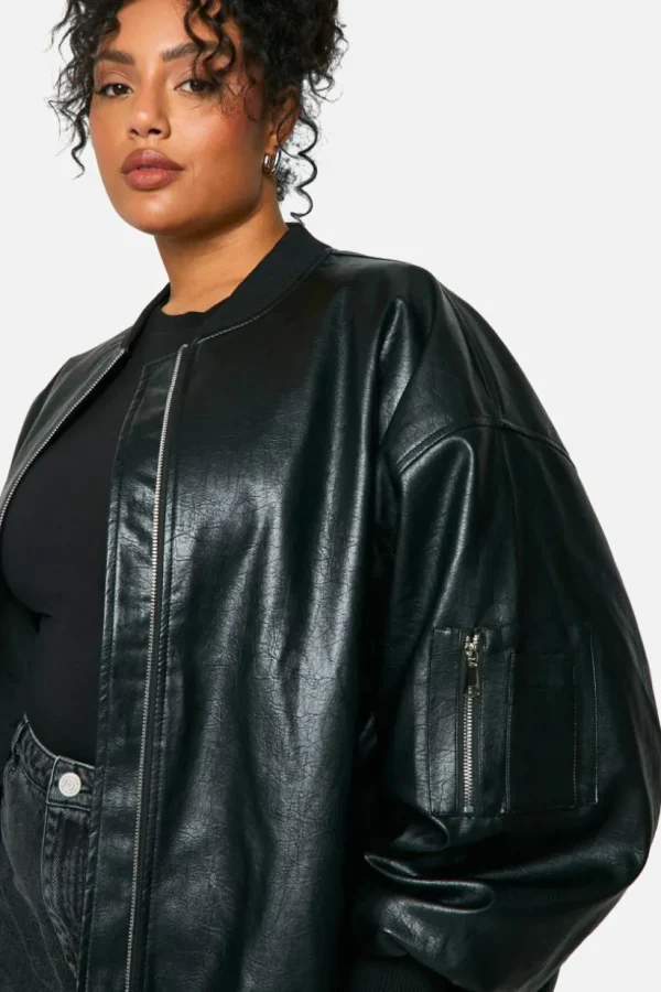 boohoo Plus Cracked Faux Leather Oversized Bomber Jacket | Women Shirts | Foundation