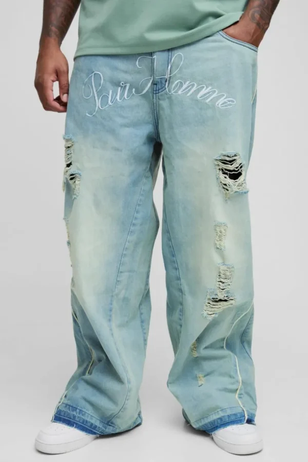 boohooMAN Plus Crotch Embroidered Distressed Gusset Flared Jeans | Denim | Going Out Denim