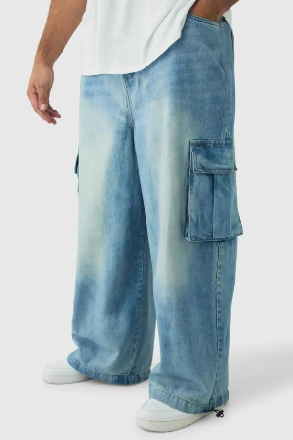 boohooMAN Plus Denim Cargo Parachute Jeans | Jeans