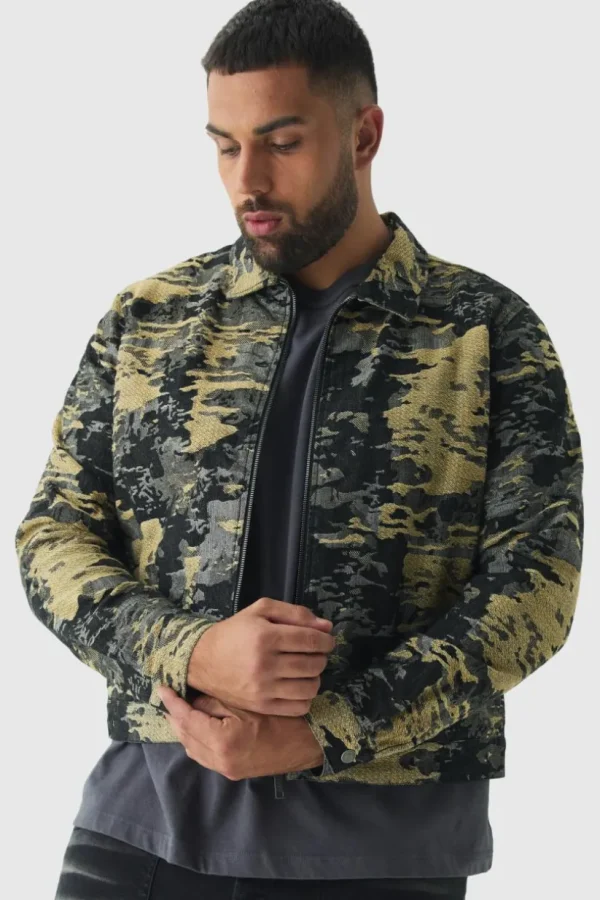 boohooMAN Plus Denim Fabric Interest Harrington Jacket | Man | Coats & Jackets