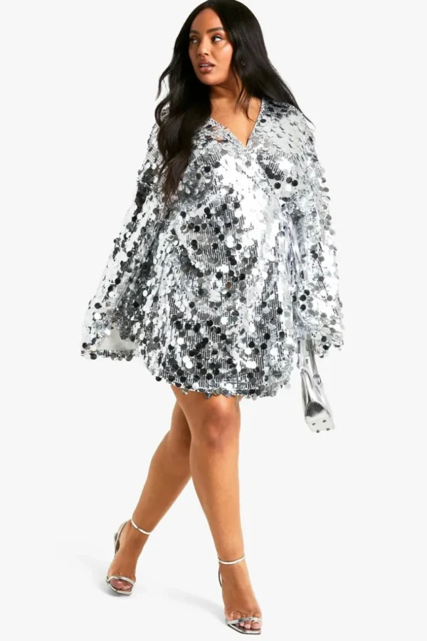 boohoo Plus Disc Sequin Wrap Flare Sleeve Dress | Women Shirts | Foundation