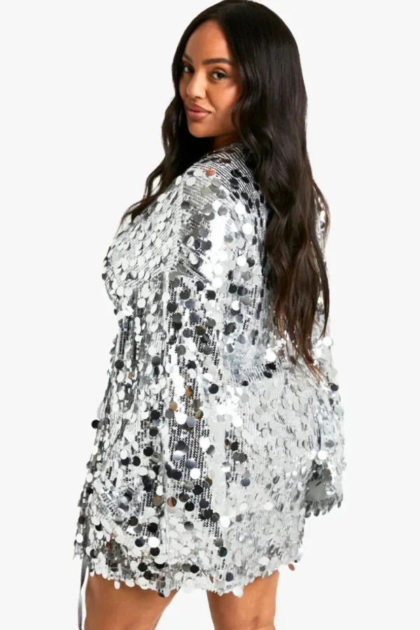 boohoo Plus Disc Sequin Wrap Flare Sleeve Dress | Women Shirts | Foundation