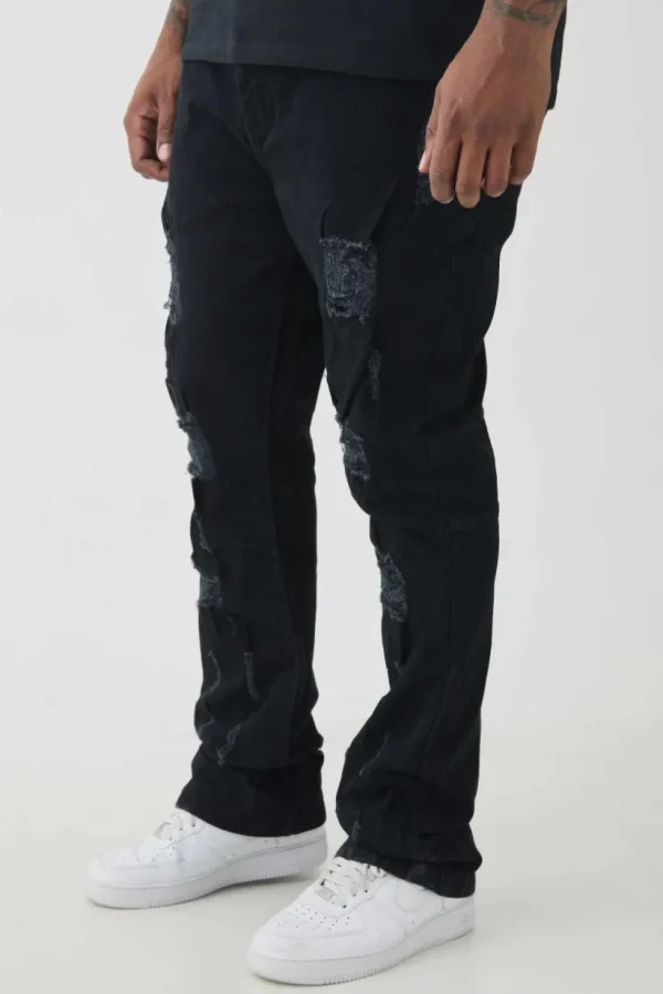 boohooMAN Plus Distressed Multi Ripped Skinny Flared Jeans | Denim | Going Out Denim